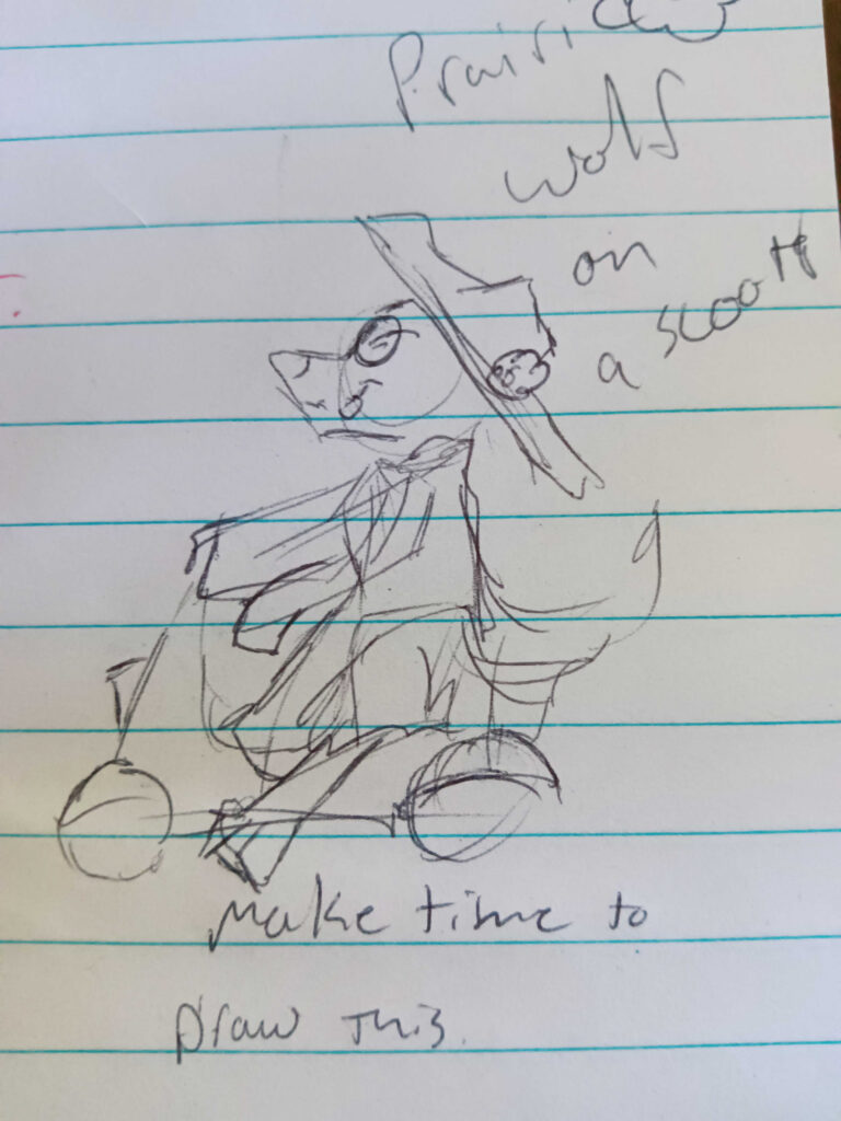 A black pen doodle of a prairie wolf riding a scooter with a large hat that has a flower on it. This Prairie Wolf's name is Valla and she is smiling with her tongue out off to the side.