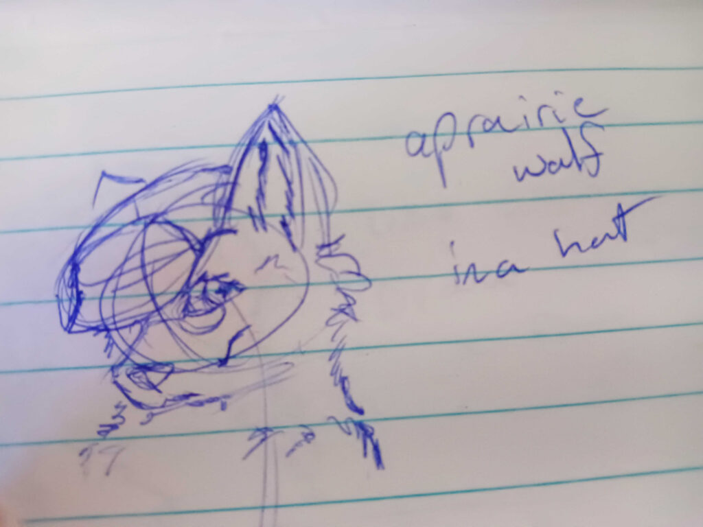 A Prairie wolf in a hat,  Here we have the prairie wolf Valla, Nose pointed down and to the left, looking at you over her very round glasses. 