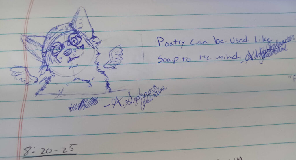 The Text Says, Poetry can be used like soap to the mind 

Valla is drawn in blue pen looking right forward little angel wings float over her right and left shoulders. 