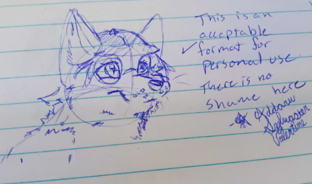 The Text Says, This is an acceptable format for personal use. There is no shame here. 

Valla is looking off the right, a smile on her face, Drawn in blue pen. 