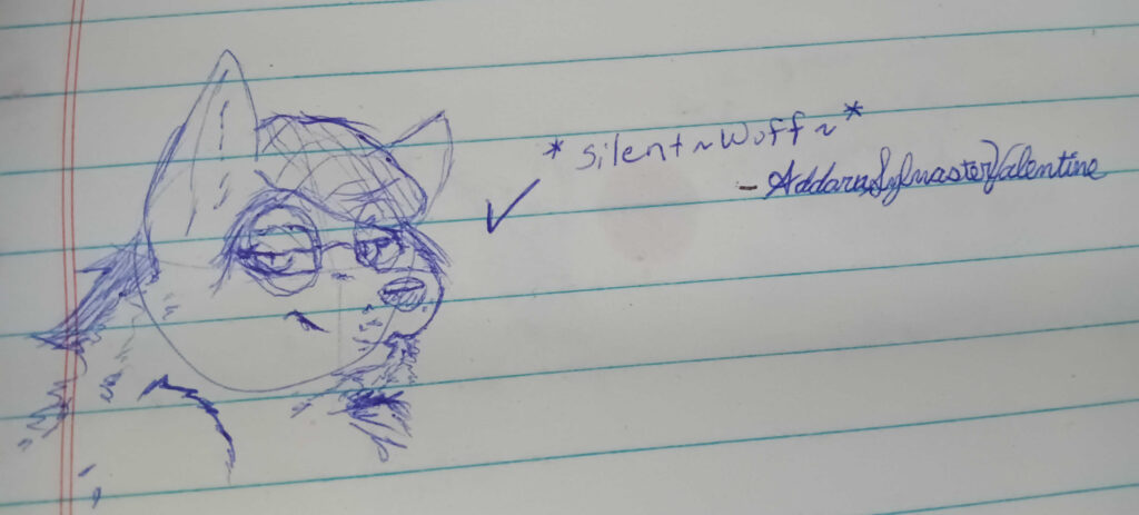 The text says, Silent Wuffs ~ 

Valla is drawn in blue facing the right with an amorous look in her eyes. 