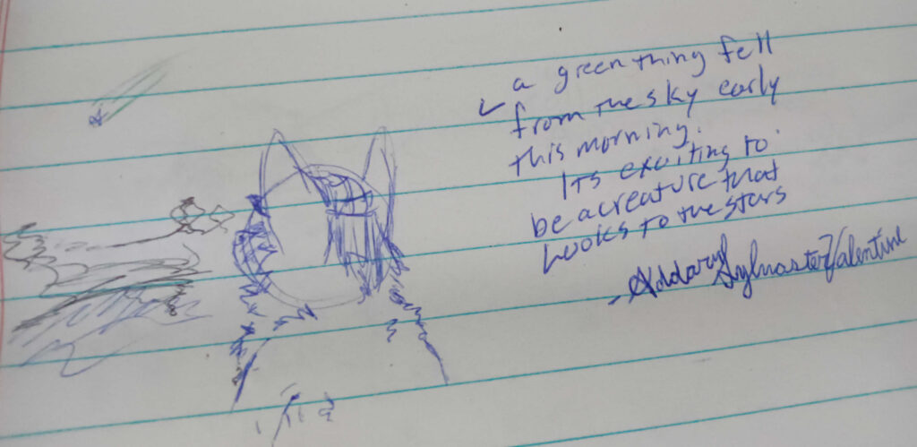 The Text Says, A green thing fell from the sky early this morning. It is exciting to be a creature that looks to the stars. 

Here we have Valla looking over a lake with a poorly sketched treeline as a green star shoots downward across the sky. 