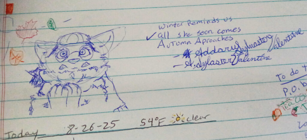 The text says, Winter reminds us all She soon comes, Autumn Approaches. 

Valla is looking forward, with a teeth chattering worried expression,  the kind you make when it is chilly out.  There is an orange leaf, red leaf, and green leaf being blown over her head behind her. 