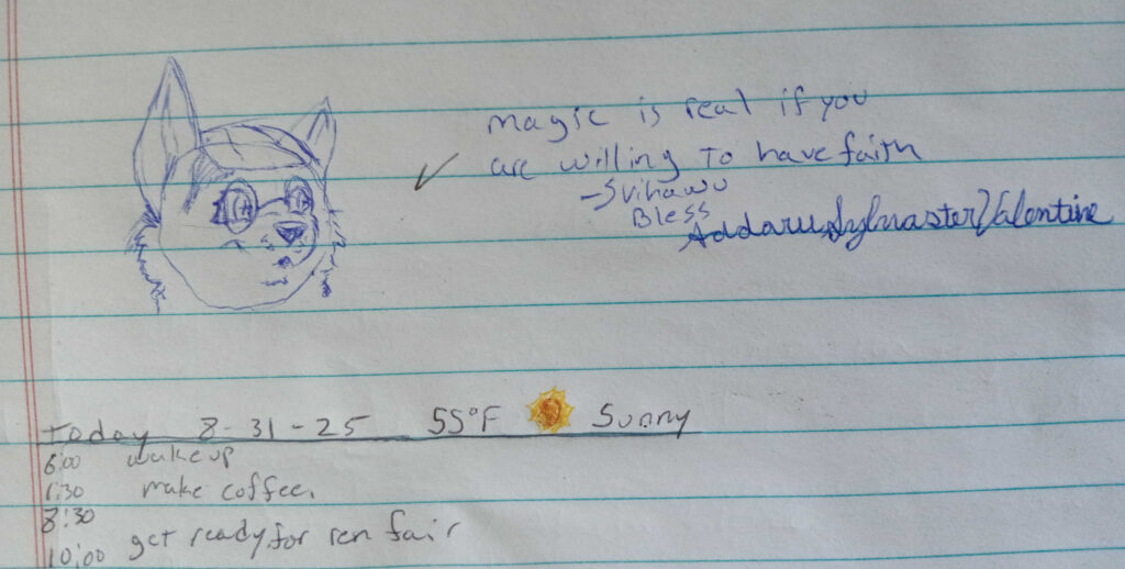 The text says, Magic is real if you are willing to have faith – Svihawu Bless

Valla is looking a quarter to the right, ears perked and smiling. 