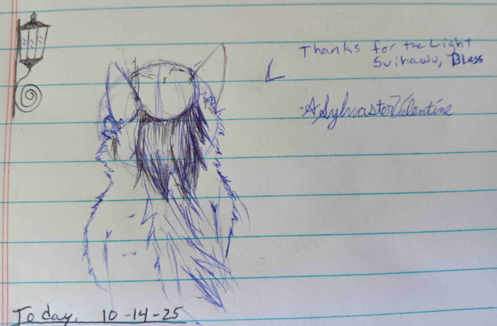 A Sketch of Valla from the back as she looks towards the lamp behind her in the top left. the text on the right reads "Thanks for the light. Svihawu Bless. " Signed A. Sylvaster Valentine.