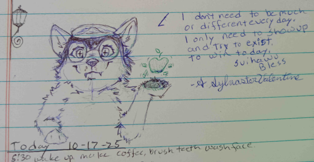 A sketch of Valla looking forward with a soft smile on her face, she is holder he left paw up and a holographic green apple with some 3d shapes is projected above it. the text to the right reads " don’t need to be much, or different every day. I only need to show up, and try to exist, to win today. Svihawu Bless." signed A. Sylvaster Valentine.