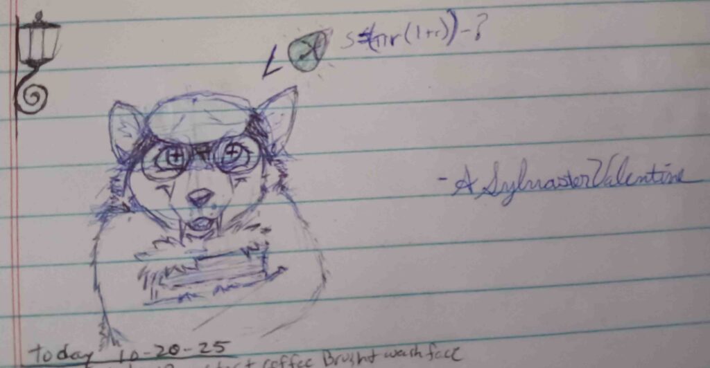 A sketch of Valla looking forward with a determined and intelligent grin. Holding a book tightly. a drawing of a green cone with a section removed next to the equation for the surface area of a cone. s = ( pi * r ( 1+r)) - ?