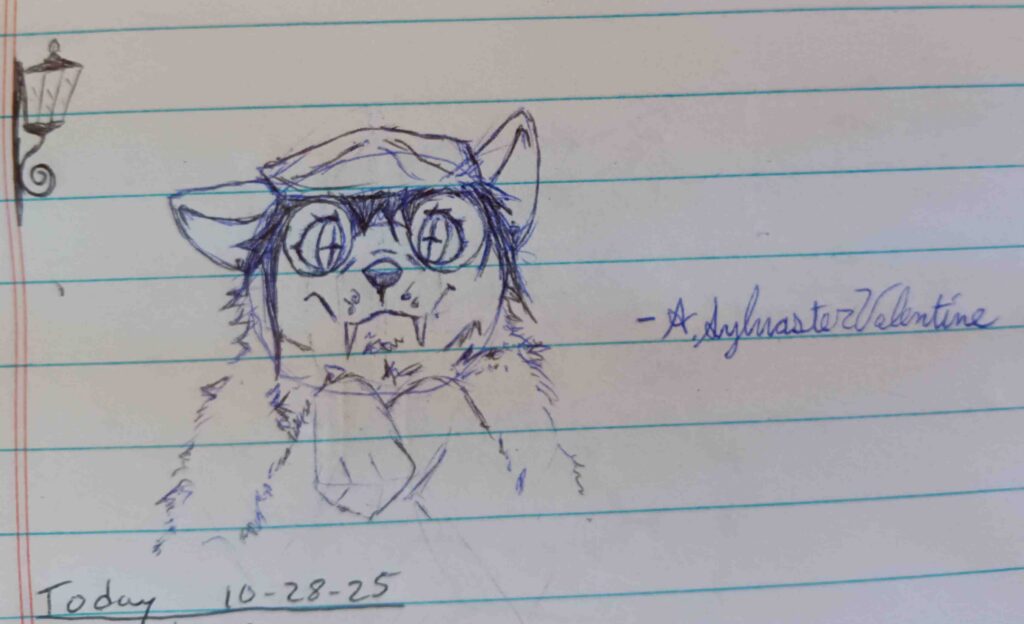 A picture of valla sketched facing forward with here paws up looking like shes asking nicely for something 