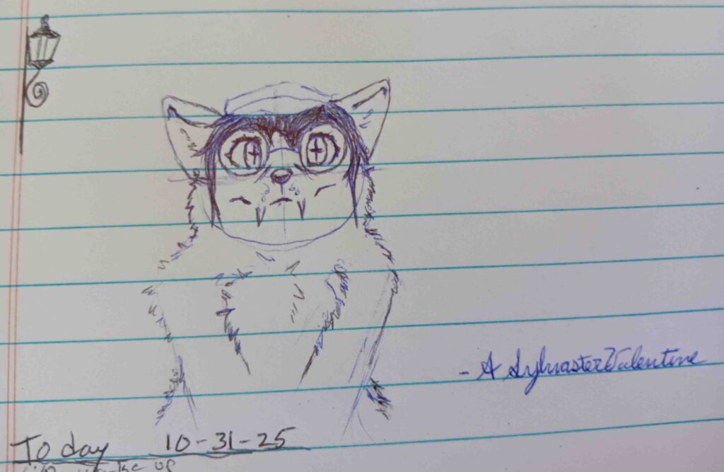 Here we have a sketch of Valla, looking forward.  Her expression is that of someone who is unsure of how to feel. Blank. but she is cute and her winter fluff is really showing with how she is sitting. 