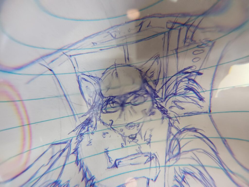 The same sketch of valla in the elevator as above but more fisheyed.  it is being viewed from a 100mm glass orb. 