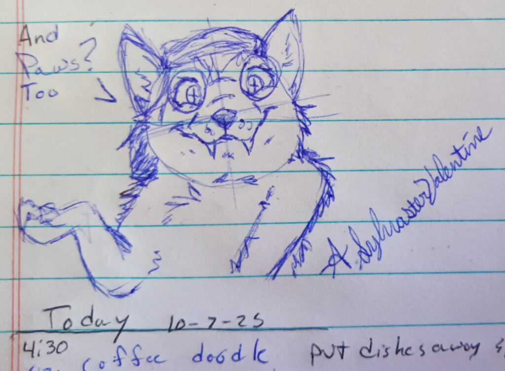 A sketch of Vallaferescense staring forward to the viewer with a smile on her face. Shes wearing her typical attire and has her right paw held up to our left.  the text reads "and paws too? " Signed A. Sylvaster Valentine. 