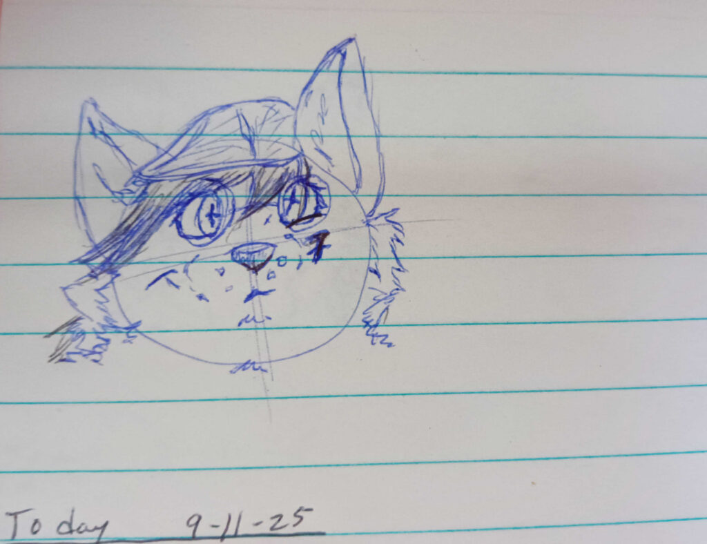 Valla sketched in blue pen with black highlights in her hair. looks like a breeze is picking up and blowing all her fluff to the left.