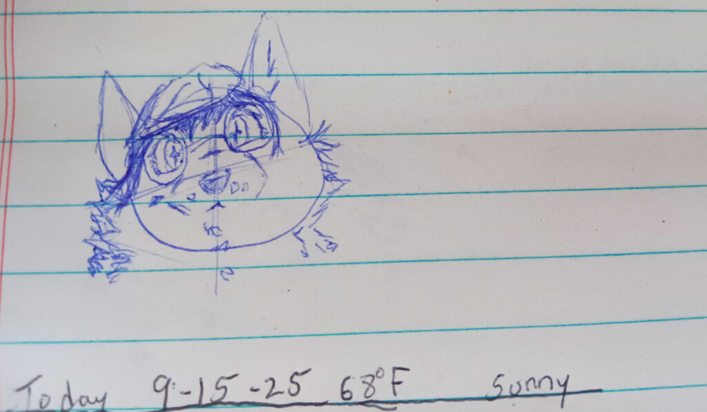 Valla sketched staring forward with a mildly pleasant look on her face. So Stylish in a flat squashed hat and round glasses.