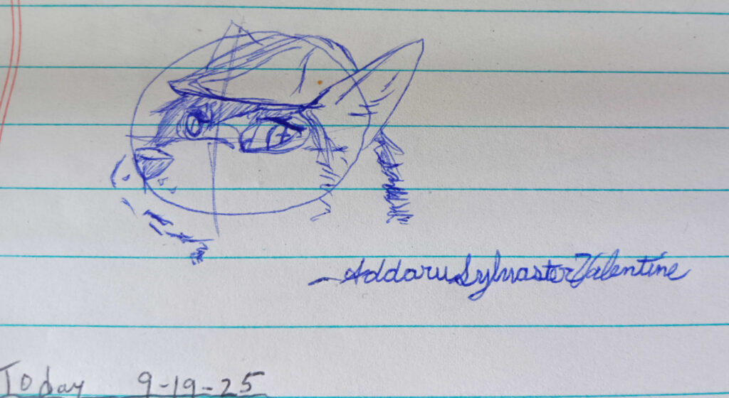 Valla sketched facing to the left looking to the right with a blank attitude. Signed, Addaru Sylvaster Valentine.