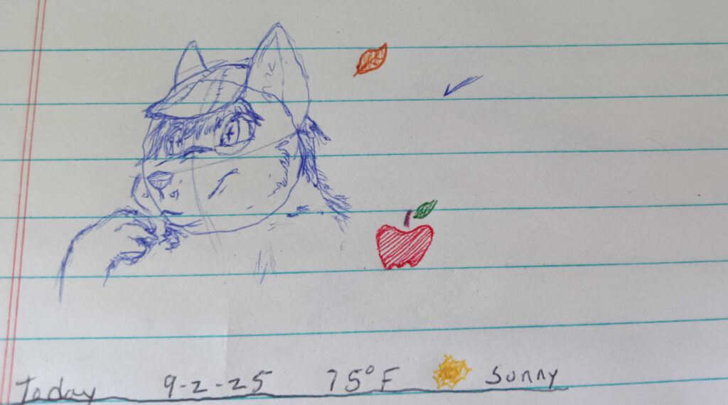 A drawing of Valla with a hat and glasses and some leaves and an apple sketched in colored pen