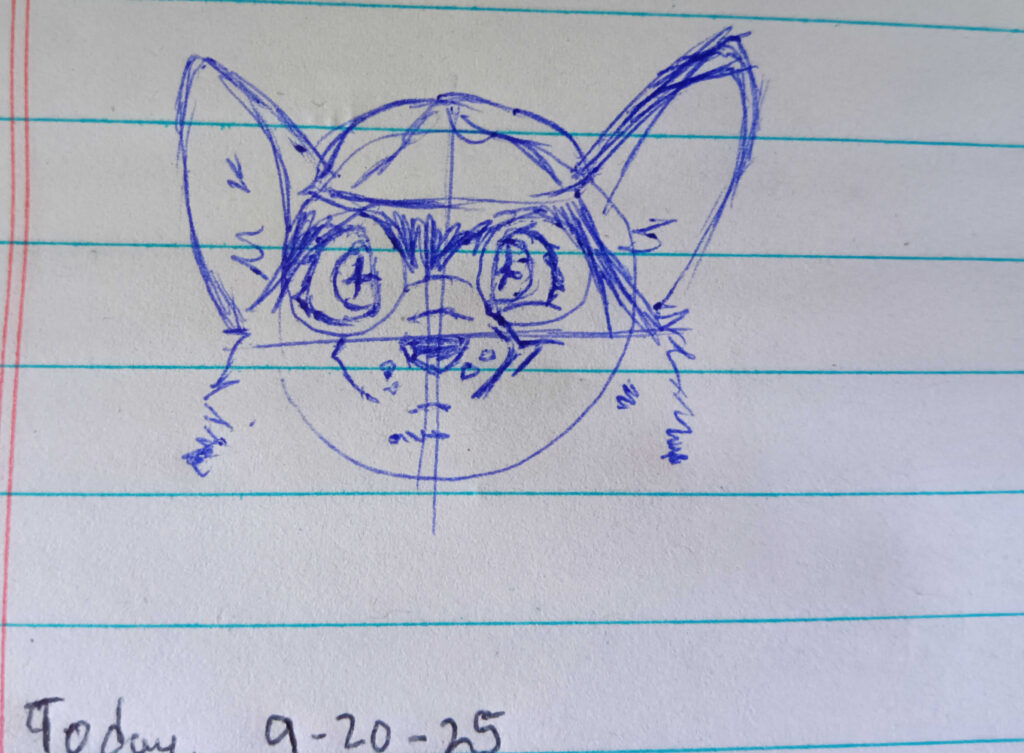 Here we have the wonderful Prairiewolf shaped Valla Sketched in blue. Sporting a partial smile, round glasses and a flap squashed cap.