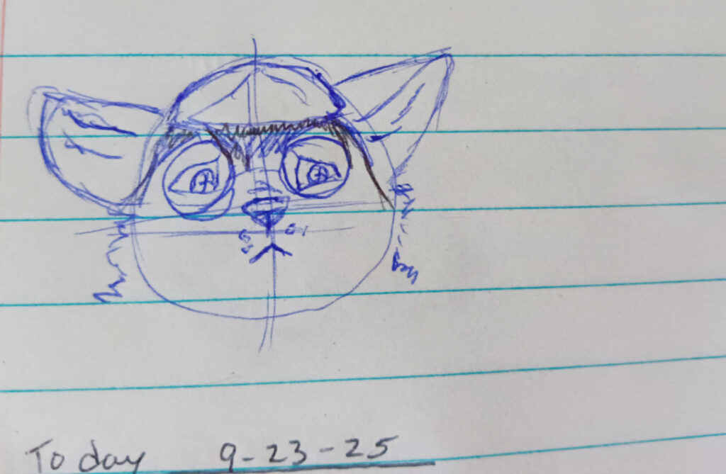 A blue sketch of Valla looking down and blue.