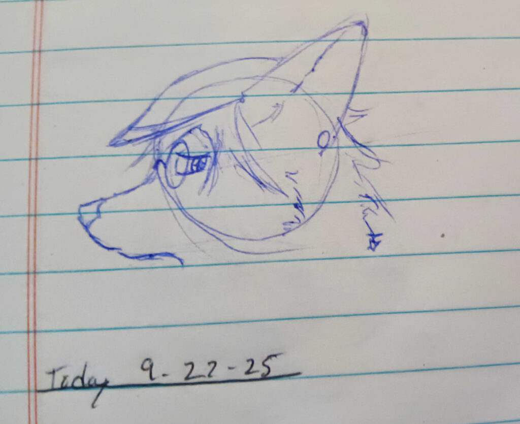 Valla is sketched in blue here, facing the left looking behind her to the right.