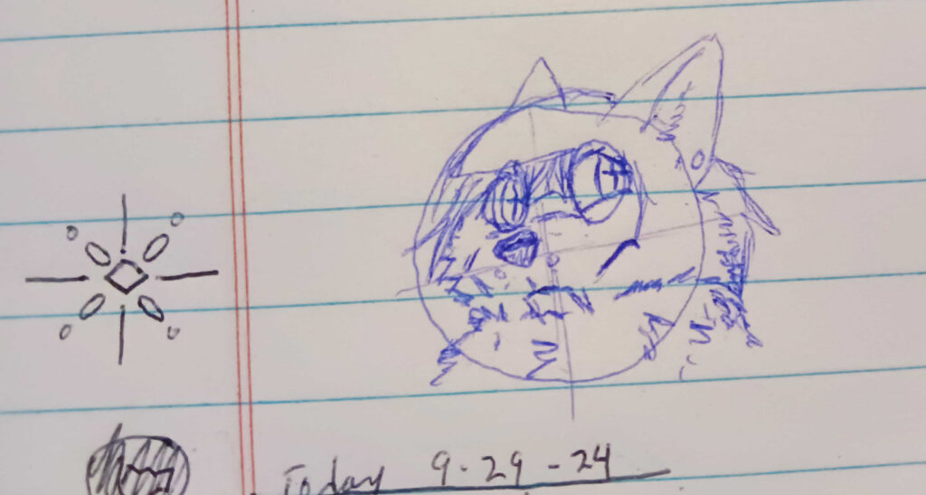Here we have a sketch of an Astrolatrian Sparkle star to the left. And Valla Sketched facing to the left and looking to the right. Her fangs are now more visible than ever. she is slightly concerned.