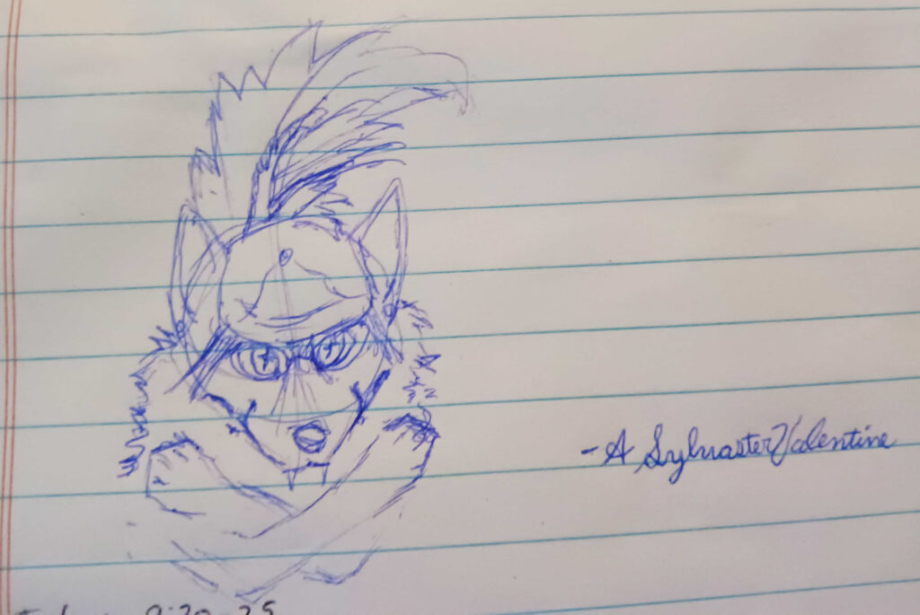 Here we have Valla showing off her Faoluex tail fluff leaned forward with her arms crossed. she is looking ahead from under her squashed flatcap.