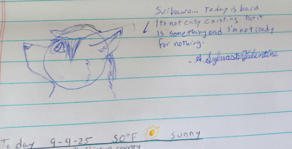 A blue sketch of valla in a hat and glasses. Drawn from the side looking up to the left with the phrase "Svihawu, Today is hard. Its not easy existing. But it is something and I'm not ready for nothing. -A. Sylvaster Valentine. "