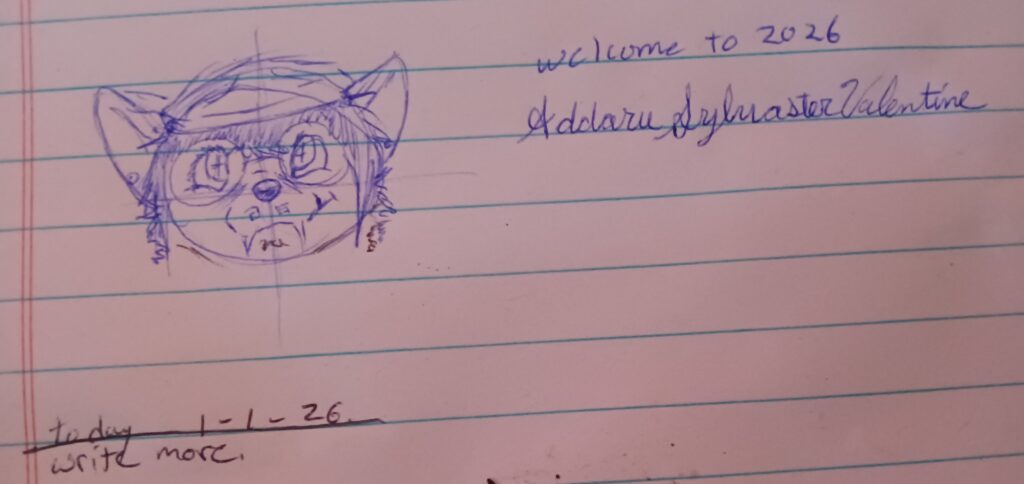 A candle lit picture of Valla sketch in blue with the text Welcome to 2026 to the right. Signed "Addaru Sylvaster Valentine"